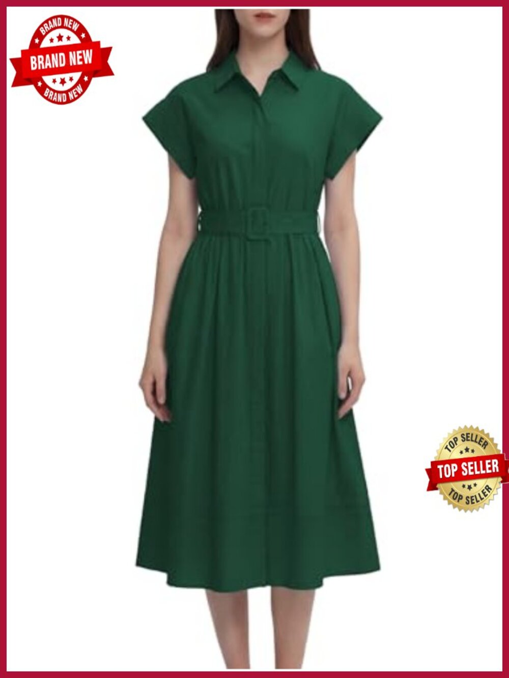 Women's Casual Midi Shift Dress with Belt V-Neck Button Down Summer
